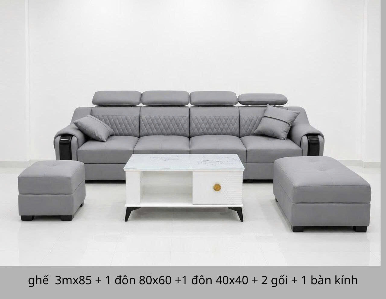 Bộ Sofa Da Cao Cấp 2m8x85 Kèm 2 Đôn Và Bàn Trà – Sofa Phòng Khách Hiện Đại - Mã MH015