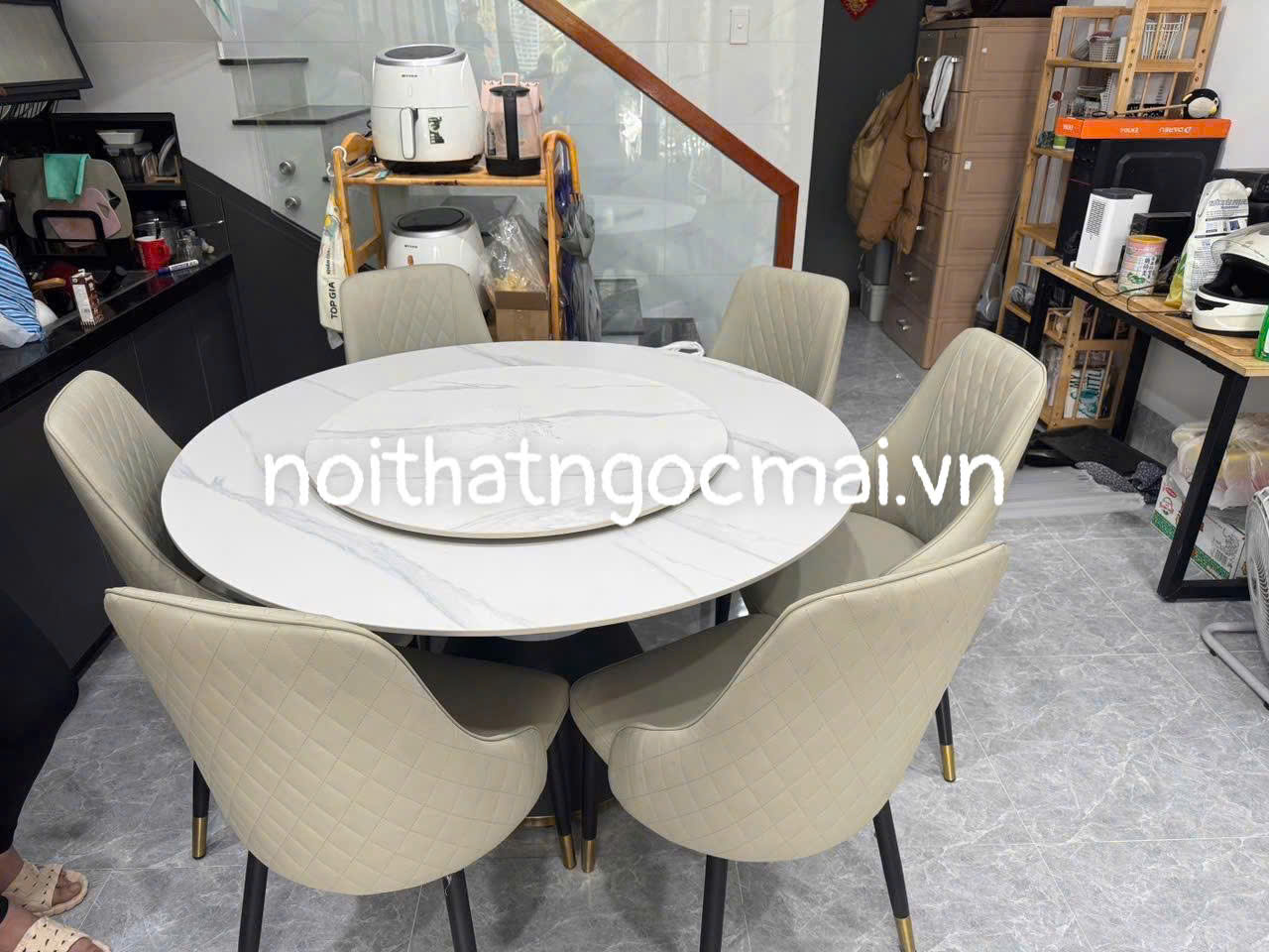 Bàn ăn đá ceramic tròn D130cm – Bàn ăn tròn 6 ghế lưng xương cá sang trọng- mã MH037 - Ảnh 5