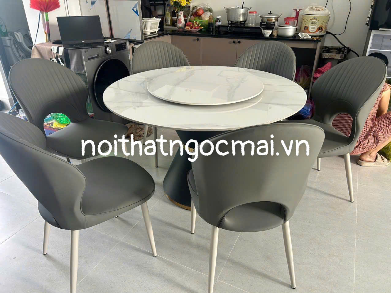 Bàn ăn đá ceramic tròn D130cm – Bàn ăn tròn 6 ghế lưng xương cá sang trọng- mã MH037 - Ảnh 6