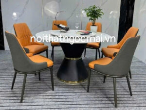 Bàn ăn đá ceramic tròn D130cm – Bàn ăn tròn 6 ghế lưng xương cá sang trọng- mã MH037