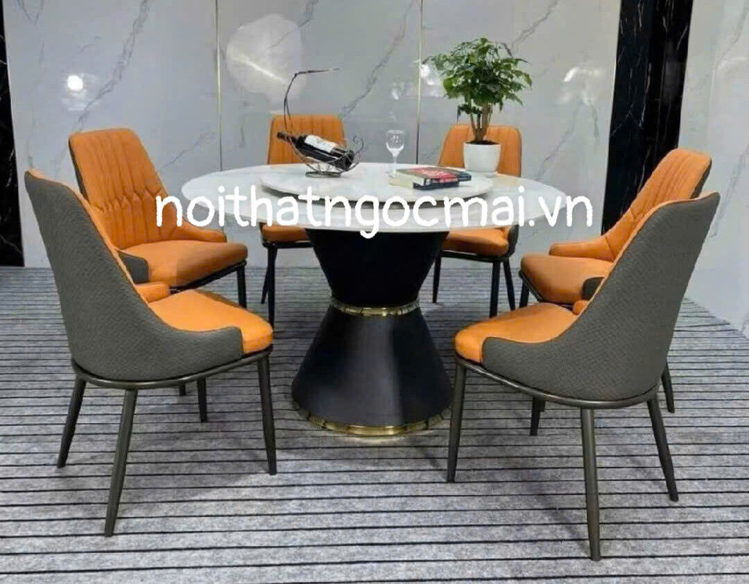Bàn ăn đá ceramic tròn D130cm – Bàn ăn tròn 6 ghế lưng xương cá sang trọng- mã MH037