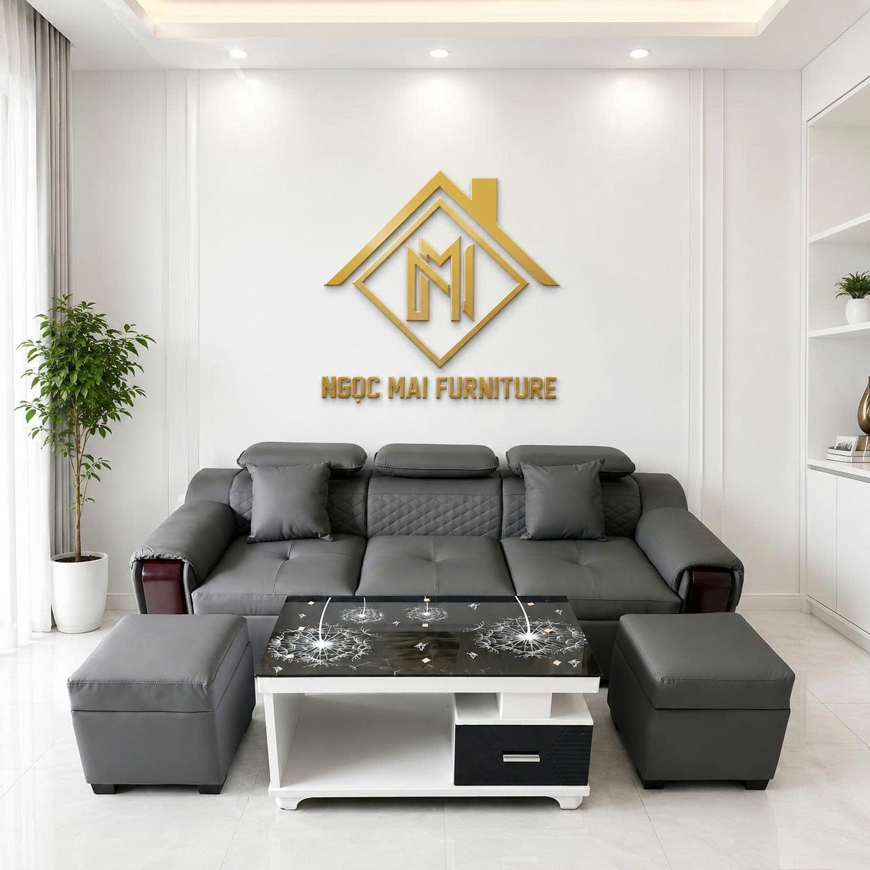 Sofa Da PU Cao Cấp 2m2 Kèm Bàn & 2 Đôn - MH220 Cho Phòng Khách Nhỏ