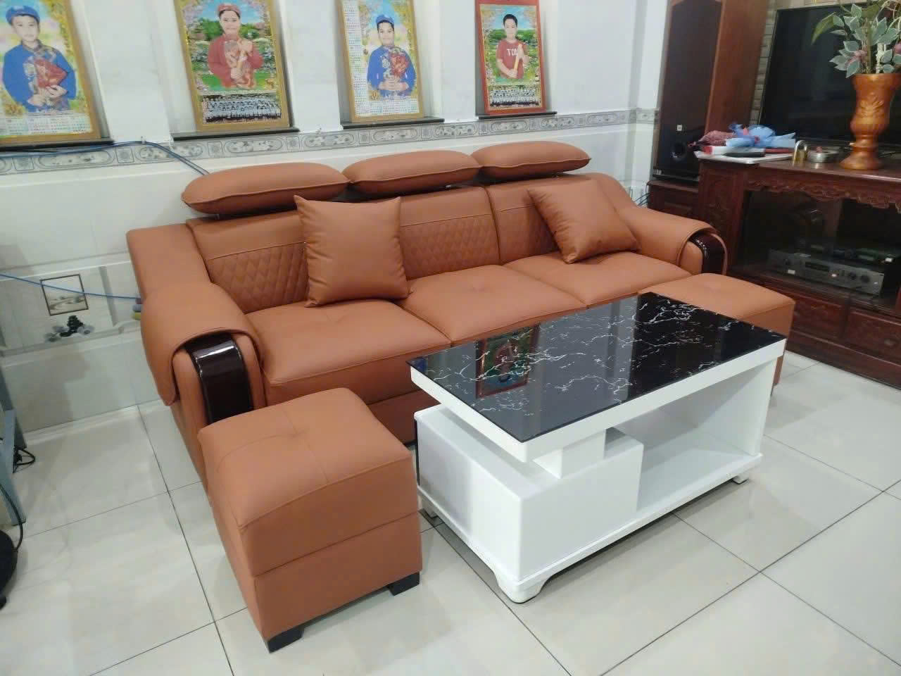 Sofa Da PU Cao Cấp 2m2 Kèm Bàn & 2 Đôn - MH220 Cho Phòng Khách Nhỏ - Ảnh 4