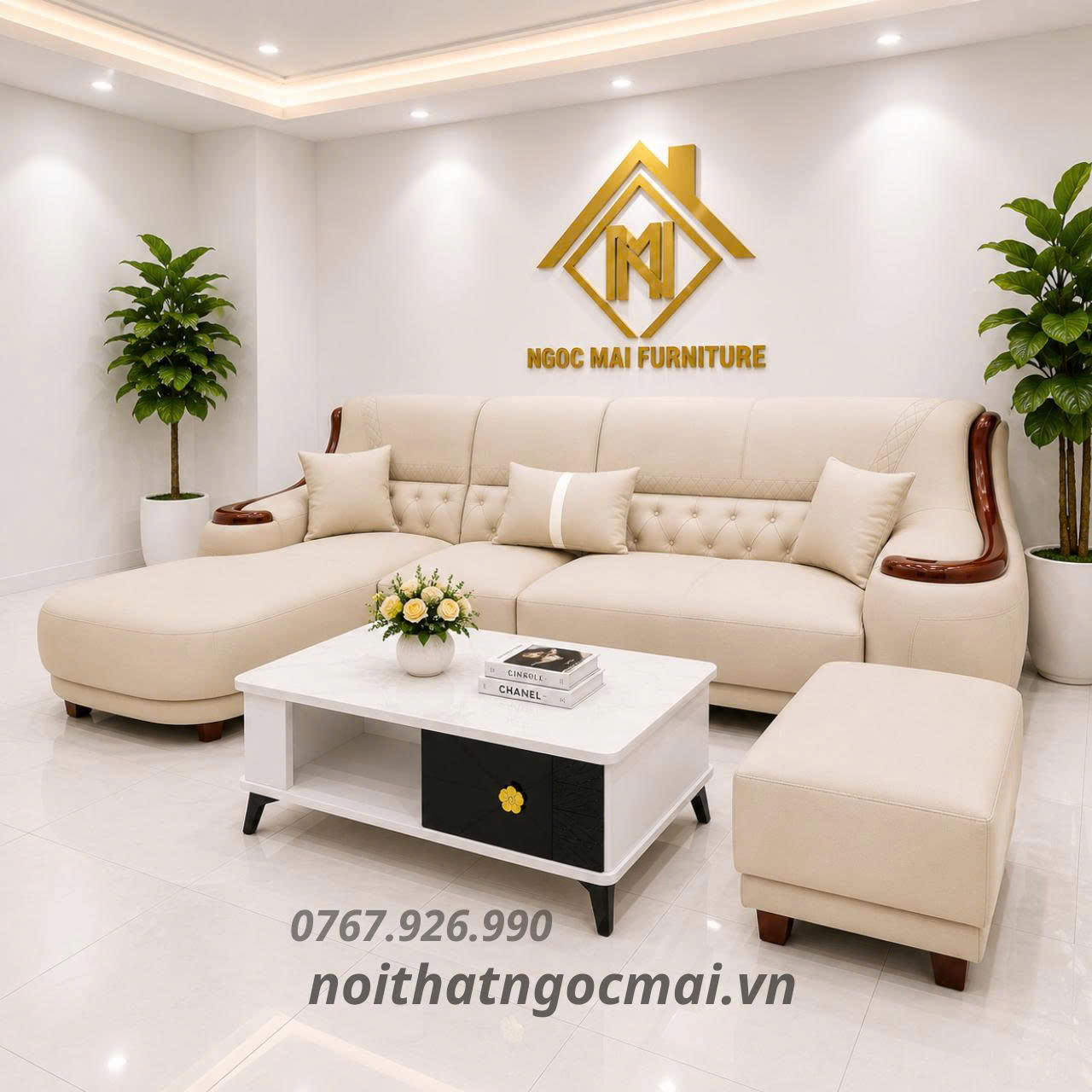 Bộ sofa góc L 3m3x1m6 Cổ điển Cao cấp Tay Phối Viền Gỗ-Thư giãn kèm bàn trà và ghế phụ sang trọng -Mã MH010 - Ảnh 3
