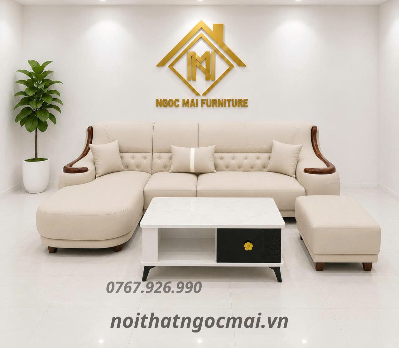 Bộ sofa góc L 3m3x1m6 Cổ điển Cao cấp Tay Phối Viền Gỗ-Thư giãn kèm bàn trà và ghế phụ sang trọng -Mã MH010