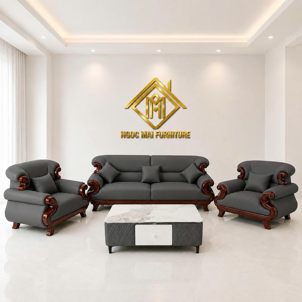 Bộ Sofa Cổ Điển Hoàng Gia Châu Âu Đẳng Cấp Thượng Lưu -Tay Phối Viền Gỗ-Thư giãn kèm bàn trà và ghế phụ sang trọng -Mã MH013 - Ảnh 4