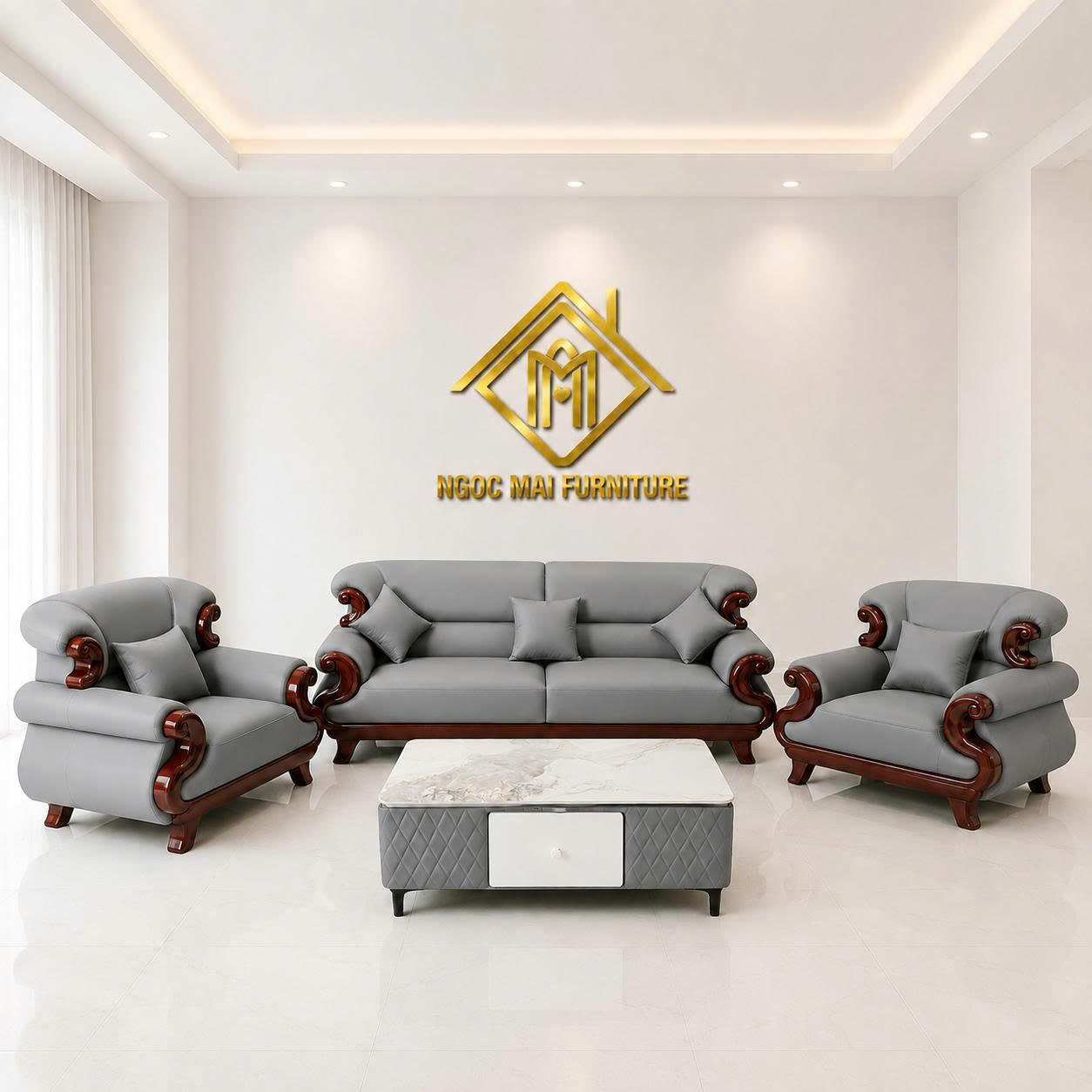 Bộ Sofa Cổ Điển Hoàng Gia Châu Âu Đẳng Cấp Thượng Lưu -Tay Phối Viền Gỗ-Thư giãn kèm bàn trà và ghế phụ sang trọng -Mã MH013
