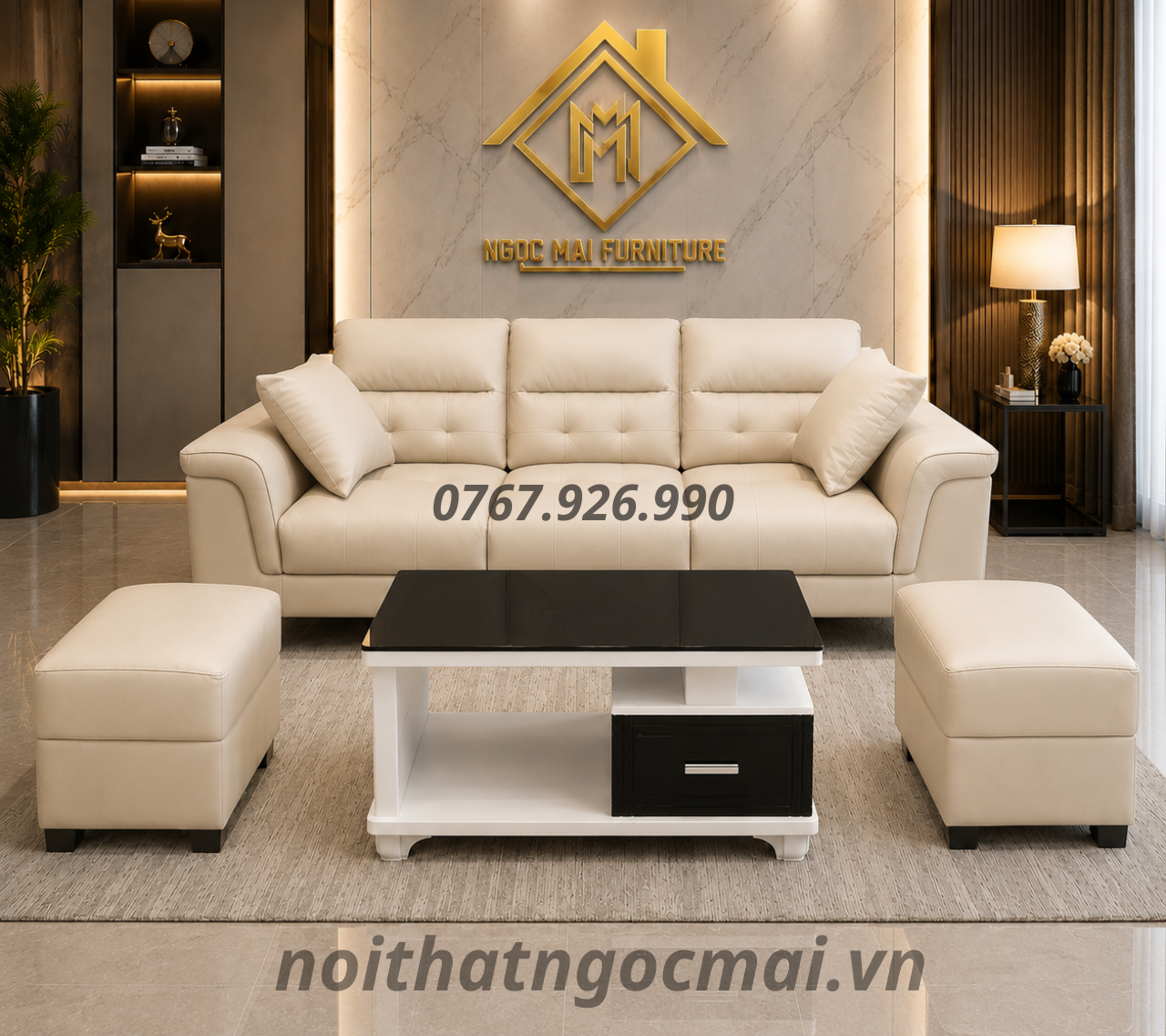 Bộ Sofa Da 2M2 MH98 Kèm 2 Đôn Và Bàn – Sofa Phòng Khách Hiện Đại