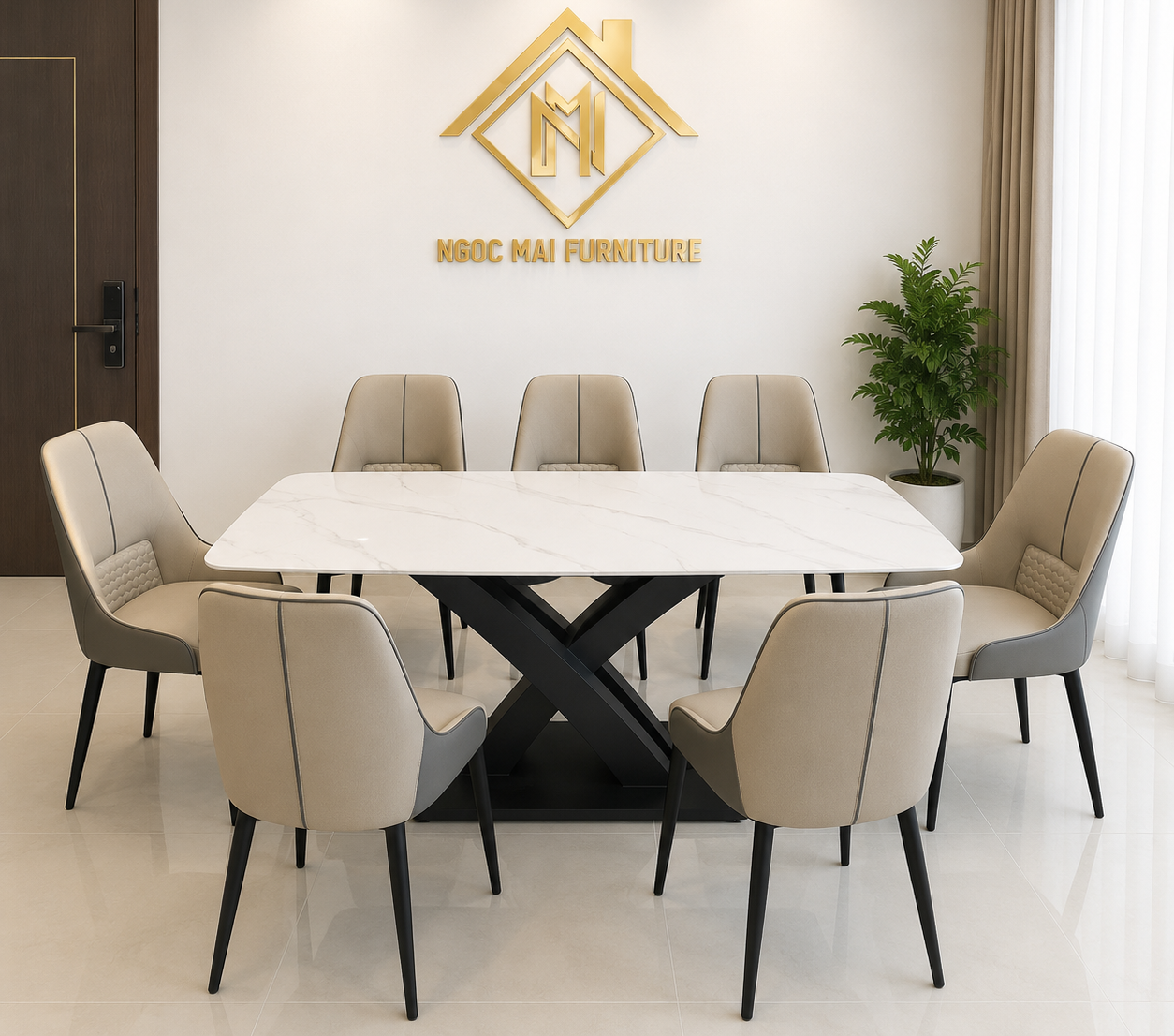 Bàn Ăn Mặt Đá Ceramic 6 ghế Da cao cấp - Mã B102