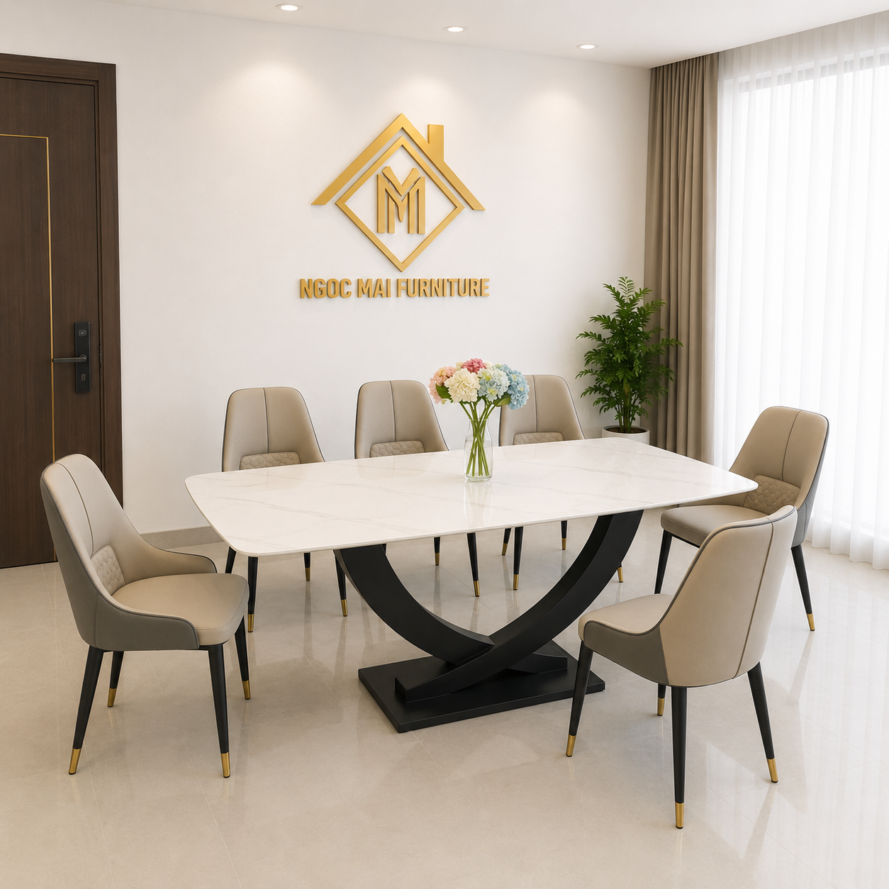 Bàn Ăn Mặt Đá Ceramic 6 ghế Da cao cấp - Mã B102 - Ảnh 8