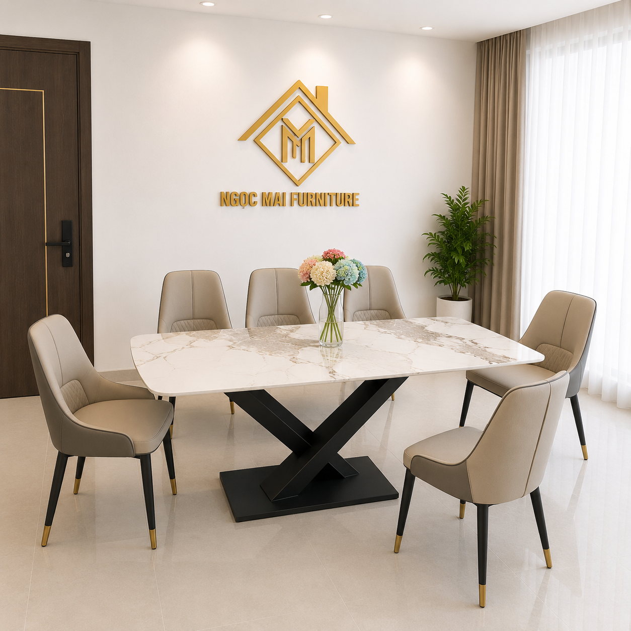 Bàn Ăn Mặt Đá Ceramic 6 ghế Da cao cấp - Mã B102 - Ảnh 2