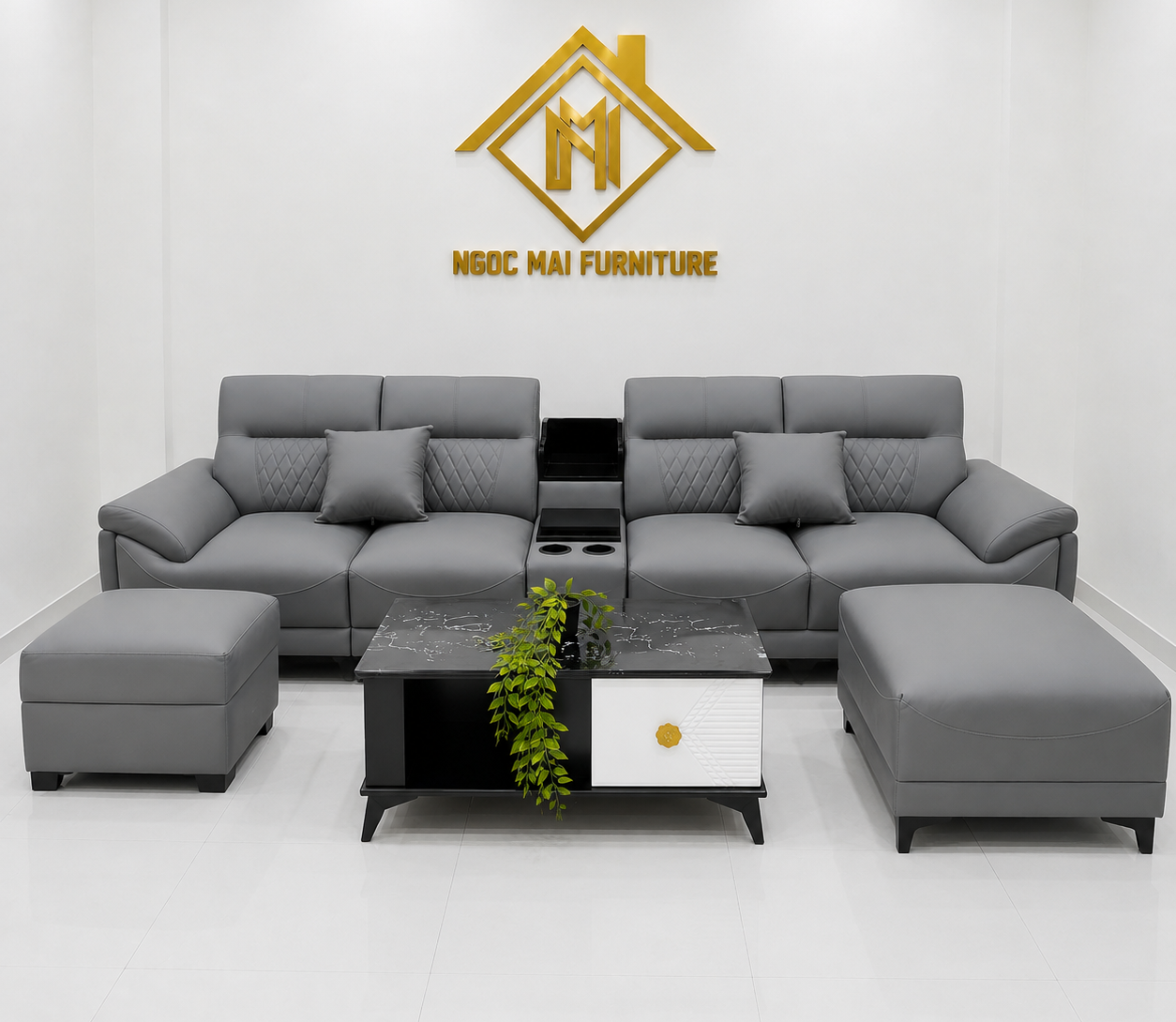 Bộ Sofa Da 3M Kèm 2 Đôn Và Bàn Trà – Sofa Phòng Khách Hiện Đại Mã TK305