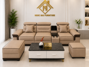 Bộ Sofa Da Cao Cấp Mặt Cười 2M6 có học ly Kèm 2 Đôn Và Bàn - mã MH029