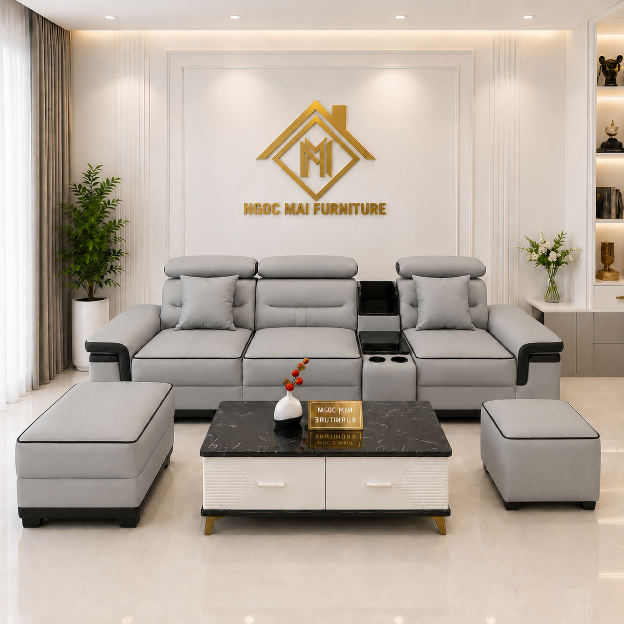 Bộ Sofa Da Cao Cấp Mặt Cười 2M6 có học ly Kèm 2 Đôn Và Bàn - mã MH029 - Ảnh 2