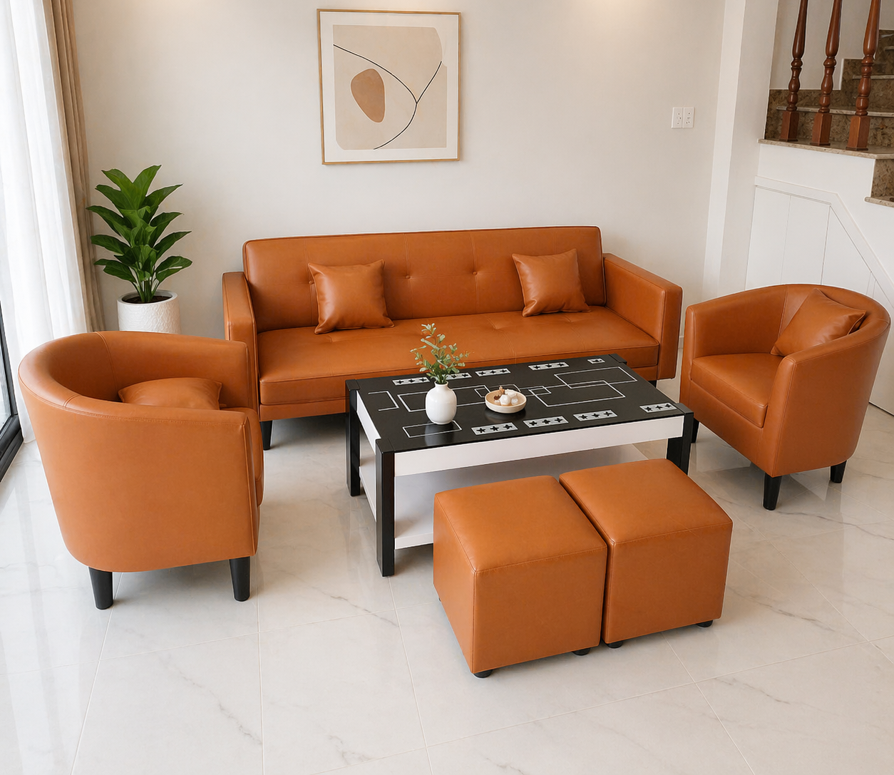Bộ sofa bed phòng tiếp khách 6 món - sofa căn hộ da pu-mã MH042