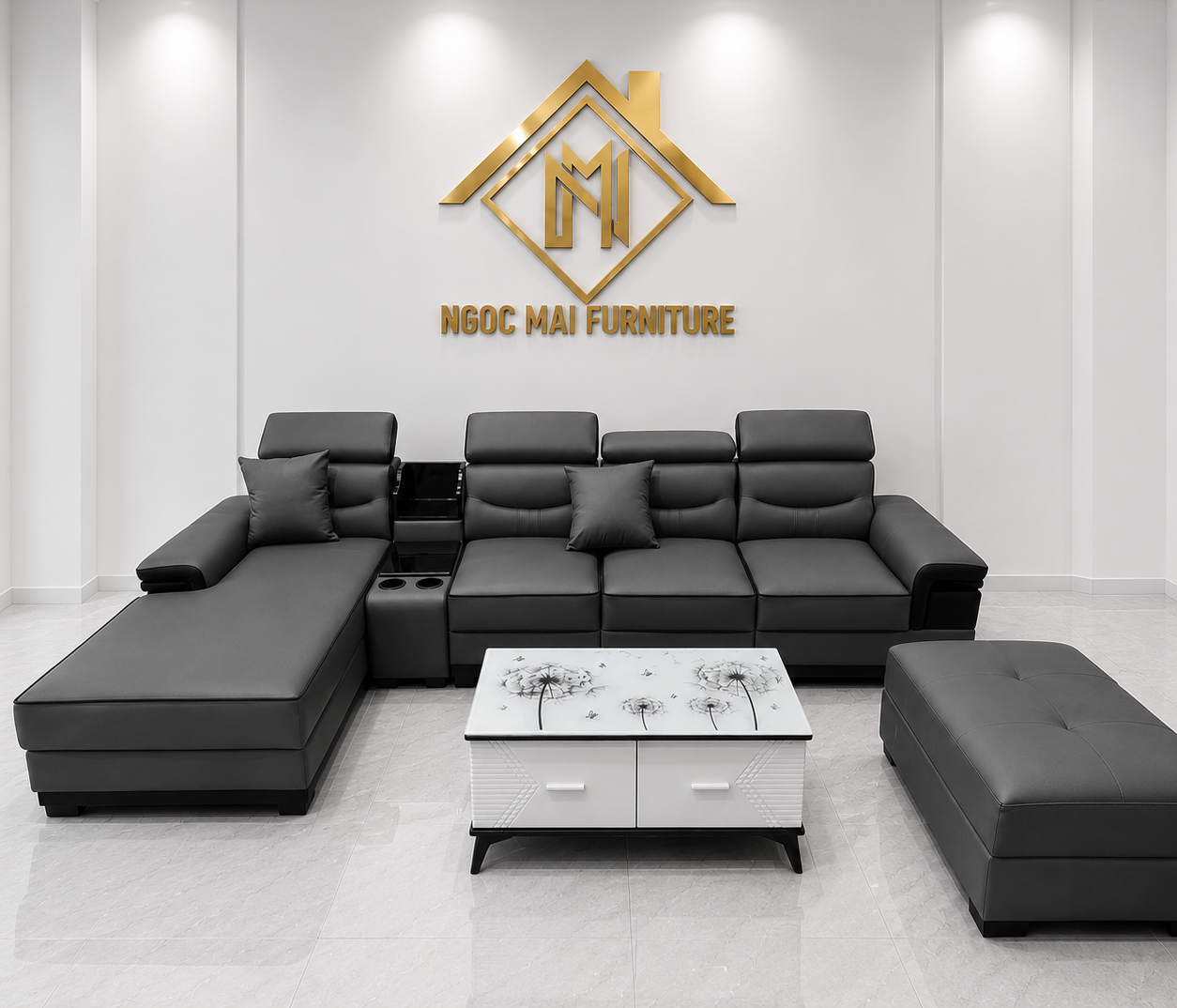 Bộ sofa góc L 3m2x1m6 Thư giãn kèm bàn trà và ghế phụ sang trọng – Mã HM320