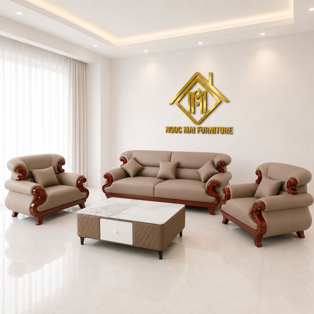 Bộ Sofa Cổ Điển Hoàng Gia Châu Âu Đẳng Cấp Thượng Lưu -Tay Phối Viền Gỗ-Thư giãn kèm bàn trà và ghế phụ sang trọng -Mã MH013 - Ảnh 8