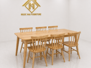 Bàn ăn cơm song tiện gỗ cau su tự nhiên, bàn ăn gỗ 4 ghế - bàn ăn 6 ghế chân V - mã MH031
