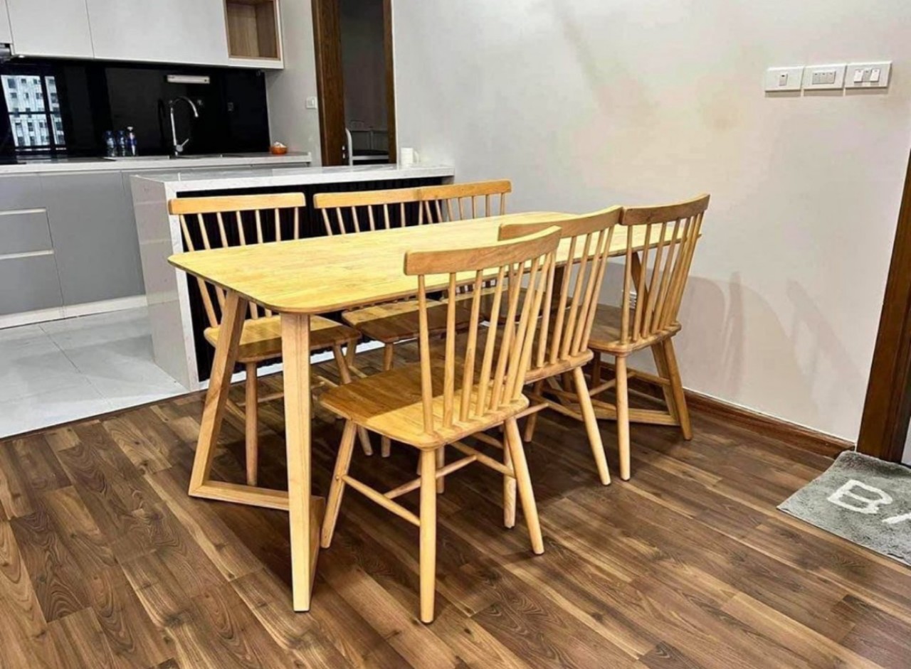 Bàn ăn cơm song tiện gỗ cau su tự nhiên, bàn ăn gỗ 4 ghế - mã MH033 - Ảnh 3