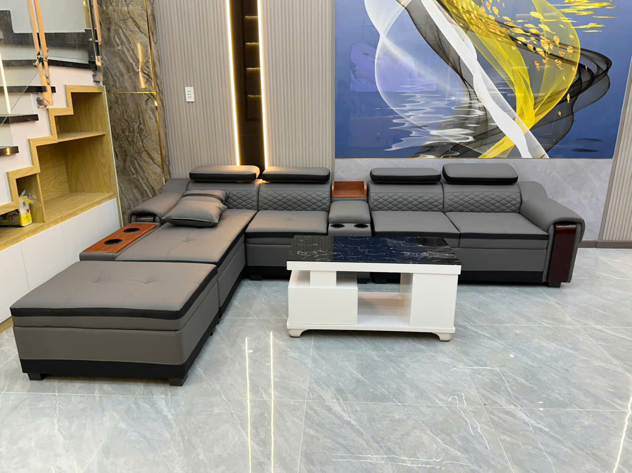 Bộ sofa góc L 3m2x1m6 Thư giãn kèm bàn trà và ghế phụ sang trọng - Mã HM550 - Ảnh 8