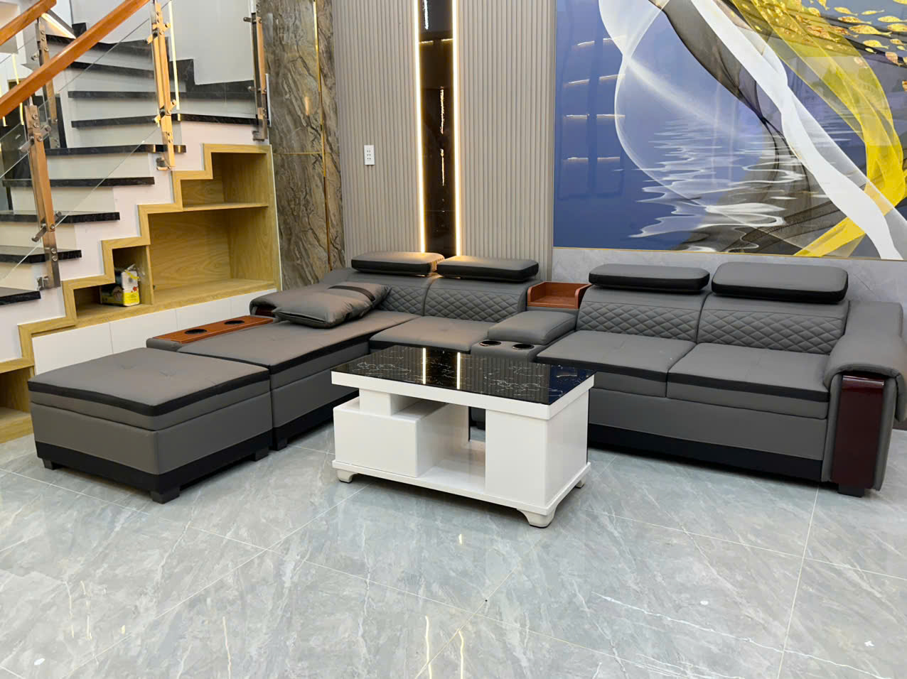 Bộ sofa góc L 3m2x1m6 Thư giãn kèm bàn trà và ghế phụ sang trọng - Mã HM550 - Ảnh 10