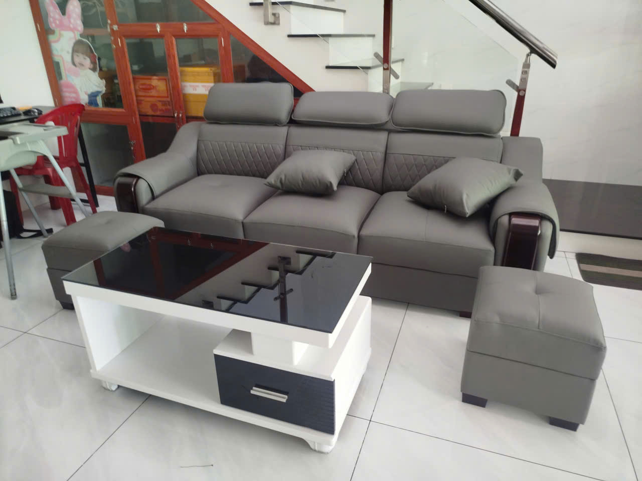 Bộ Sofa Da 2M2 Tay Phối Gỗ-Mã MH026 Kèm 2 Đôn Và Bàn – Sofa Phòng Khách Hiện Đại - Ảnh 6