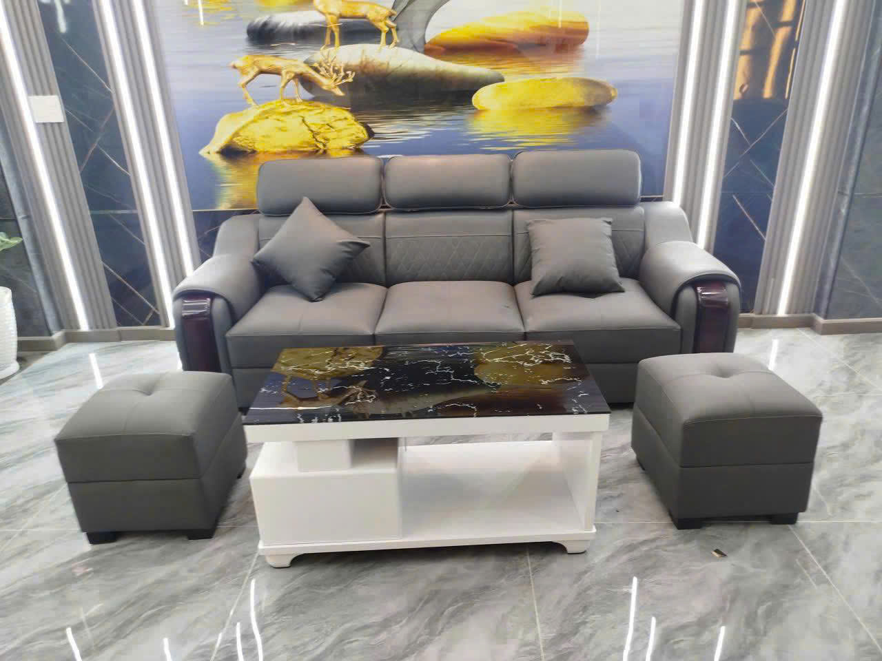Bộ Sofa Da 2M2 Tay Phối Gỗ-Mã MH026 Kèm 2 Đôn Và Bàn – Sofa Phòng Khách Hiện Đại - Ảnh 13