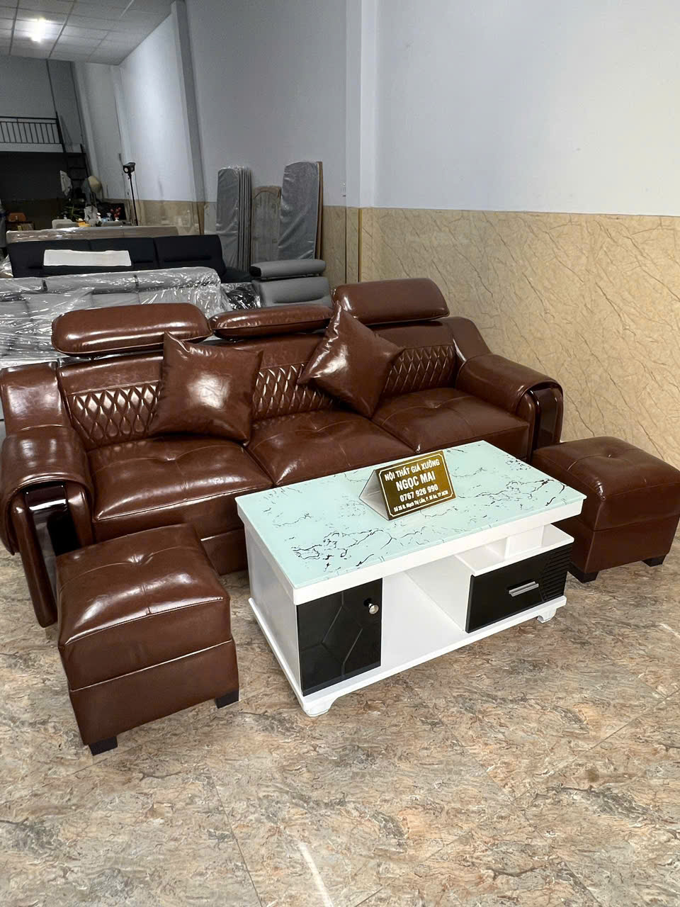 Bộ Sofa Da 2M2 Tay Phối Gỗ-Mã MH026 Kèm 2 Đôn Và Bàn – Sofa Phòng Khách Hiện Đại - Ảnh 5