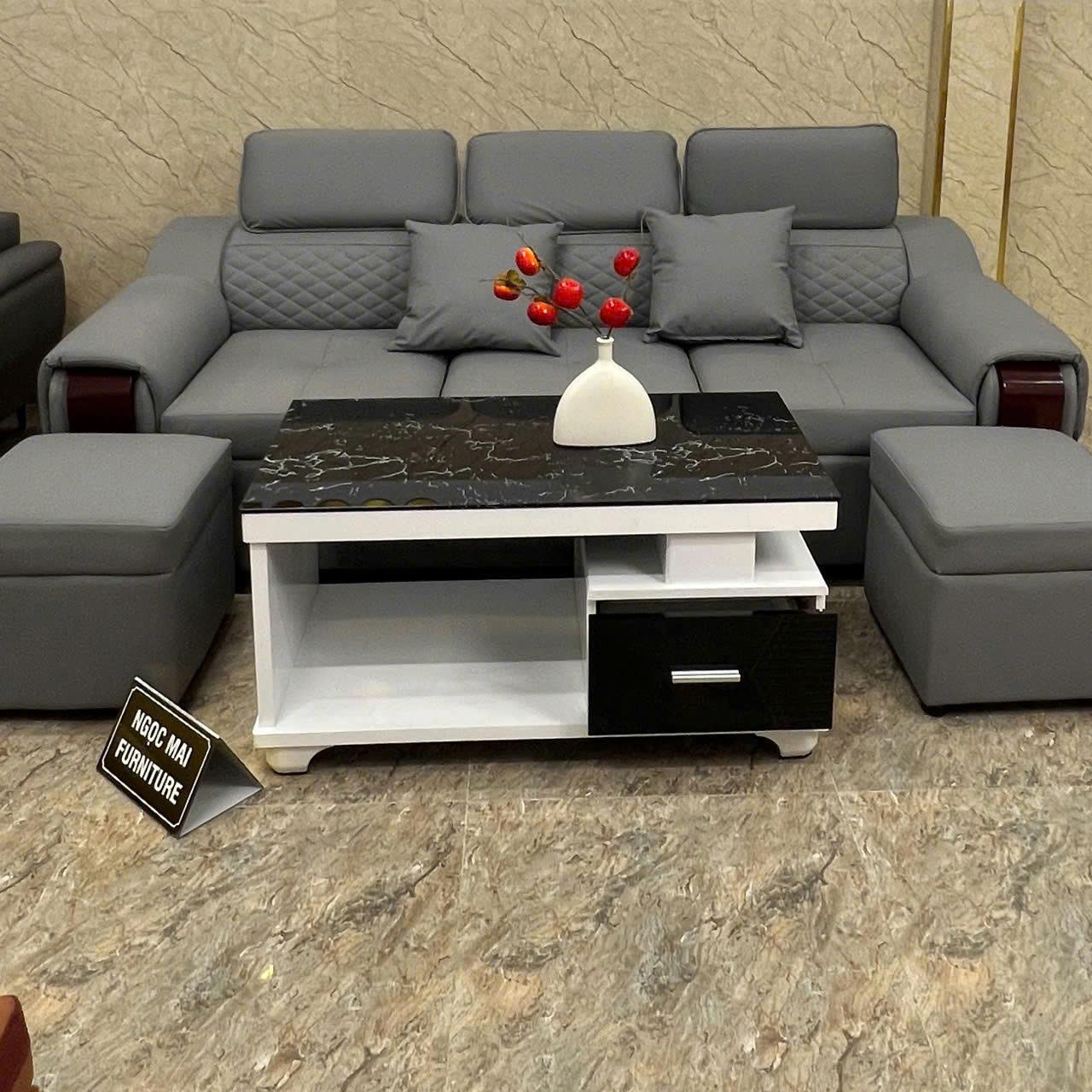 Sofa Da PU Cao Cấp 2m2 Kèm Bàn & 2 Đôn - MH220 Cho Phòng Khách Nhỏ - Ảnh 6