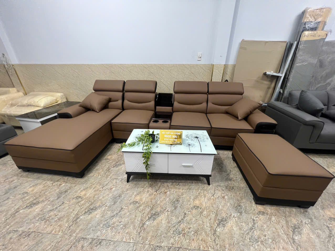 Bộ sofa góc L 3m2x1m6 Thư giãn kèm bàn trà và ghế phụ sang trọng – Mã HM320 - Ảnh 7