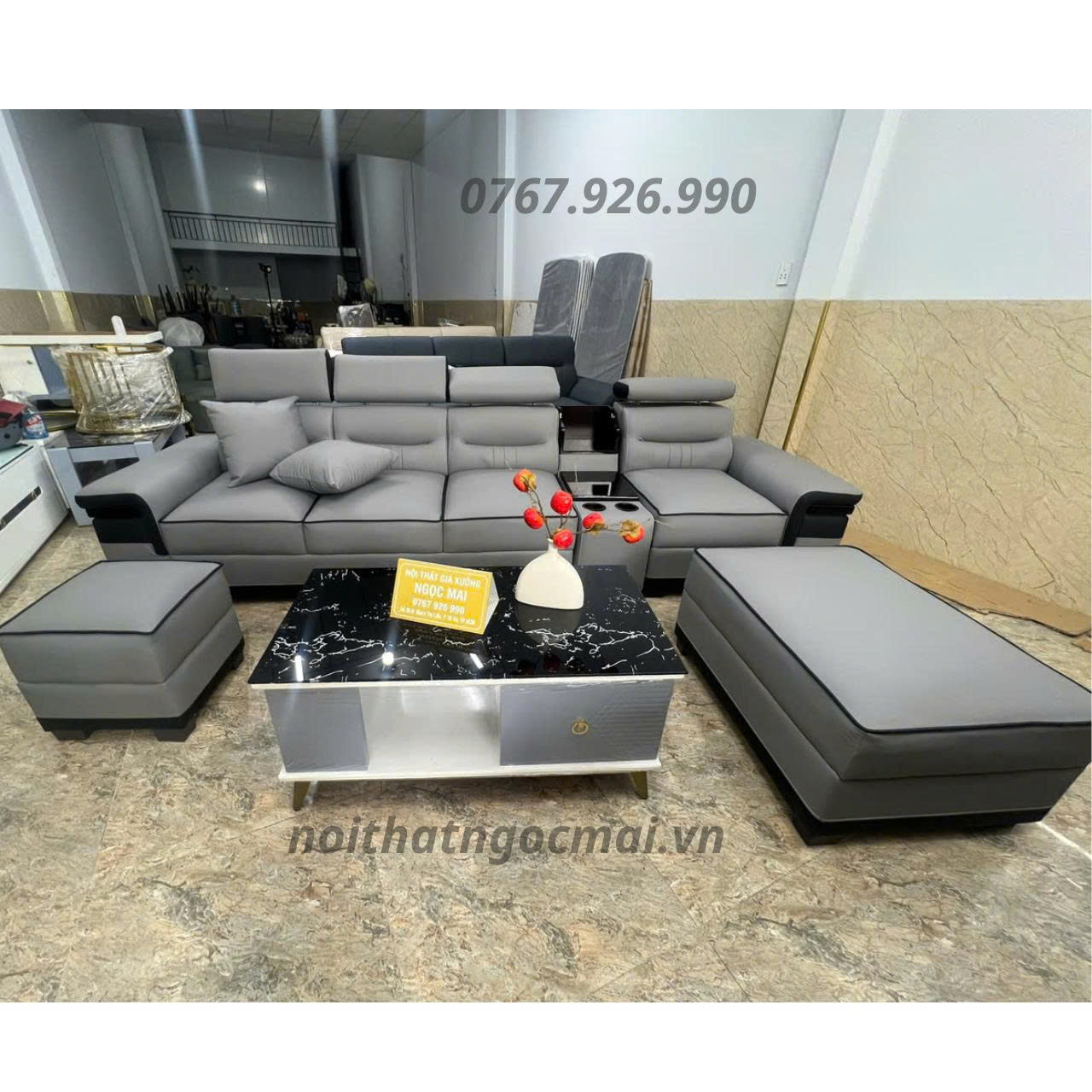 Bộ Sofa Da Pu Cao Cấp Thiết kế 3M Mặt Cười Kèm 2 Đôn Và Bàn Trà Mặt -Mã MH303 - Ảnh 5
