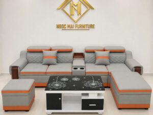 Bộ Sofa Da Cao Cấp Tay Phối Gỗ 3M Có Học Ly Kèm 2 Đôn Và Bàn Trà Mặt Kính- Mã MH302
