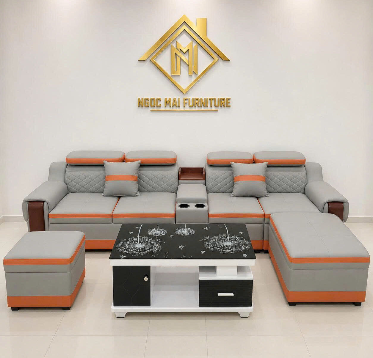 Bộ Sofa Da Cao Cấp Tay Phối Gỗ 3M Có Học Ly Kèm 2 Đôn Và Bàn Trà Mặt Kính- Mã MH302