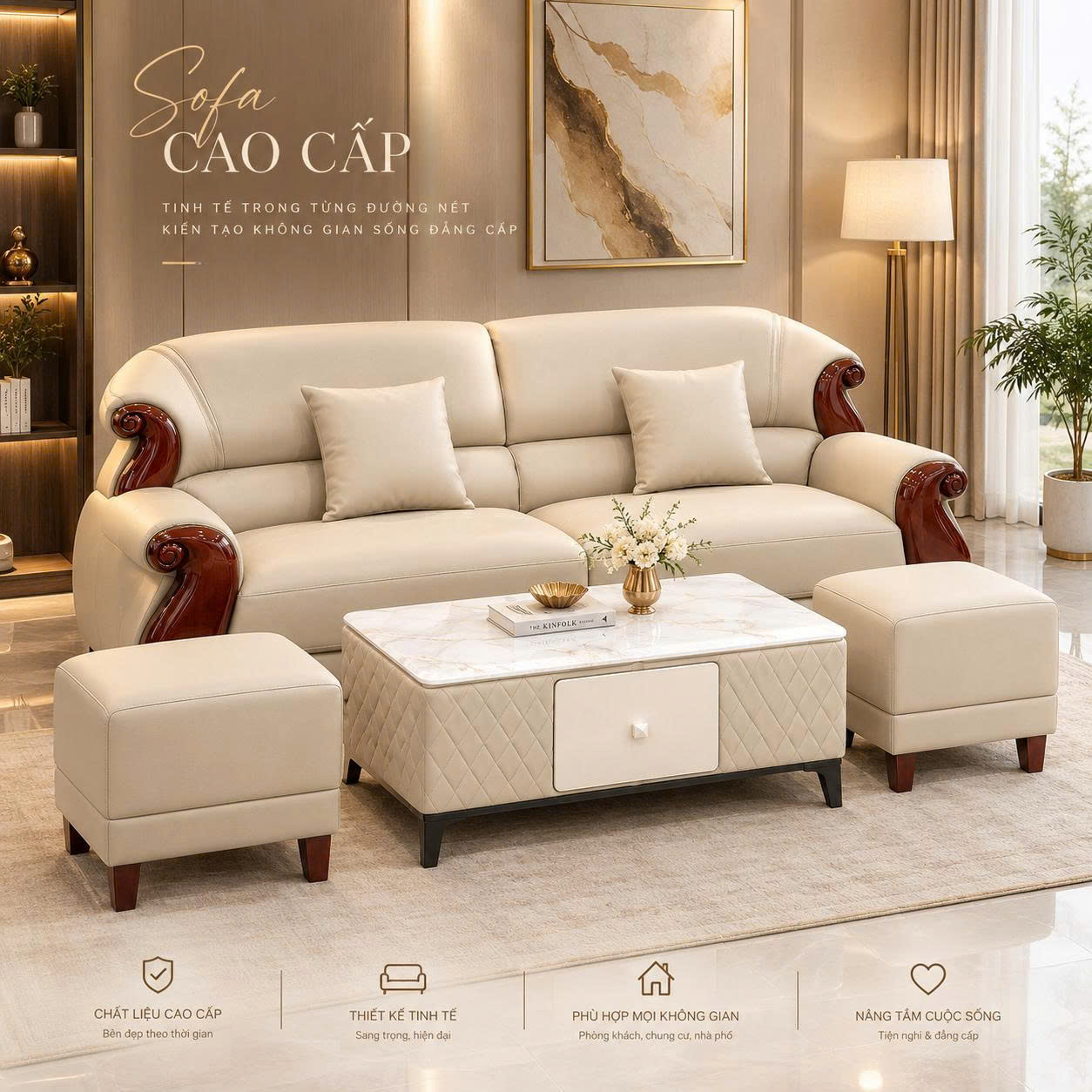 BỘ SOFA CAO CẤP THỜI THƯỢNG SANG TRỌNG -QUÝ TỘC 2M4 +2 ĐÔN +2 GỐI+1 BÀN TRÀ- mã MH357 - Ảnh 5