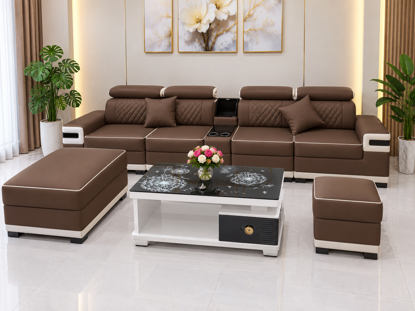 Bộ sofa 3m thiết kế caro tay phối viền gỗ sang trọng ,hiện đại-mã MH506