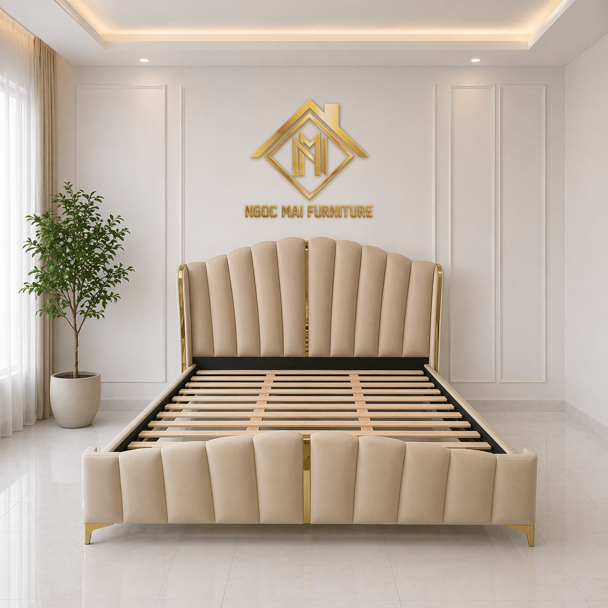 Gường Bọc Nệm 1m8x2m Thiết Kế Múi Viền Sang Trọng Đẹp Mắt-mã HM338 - Ảnh 2