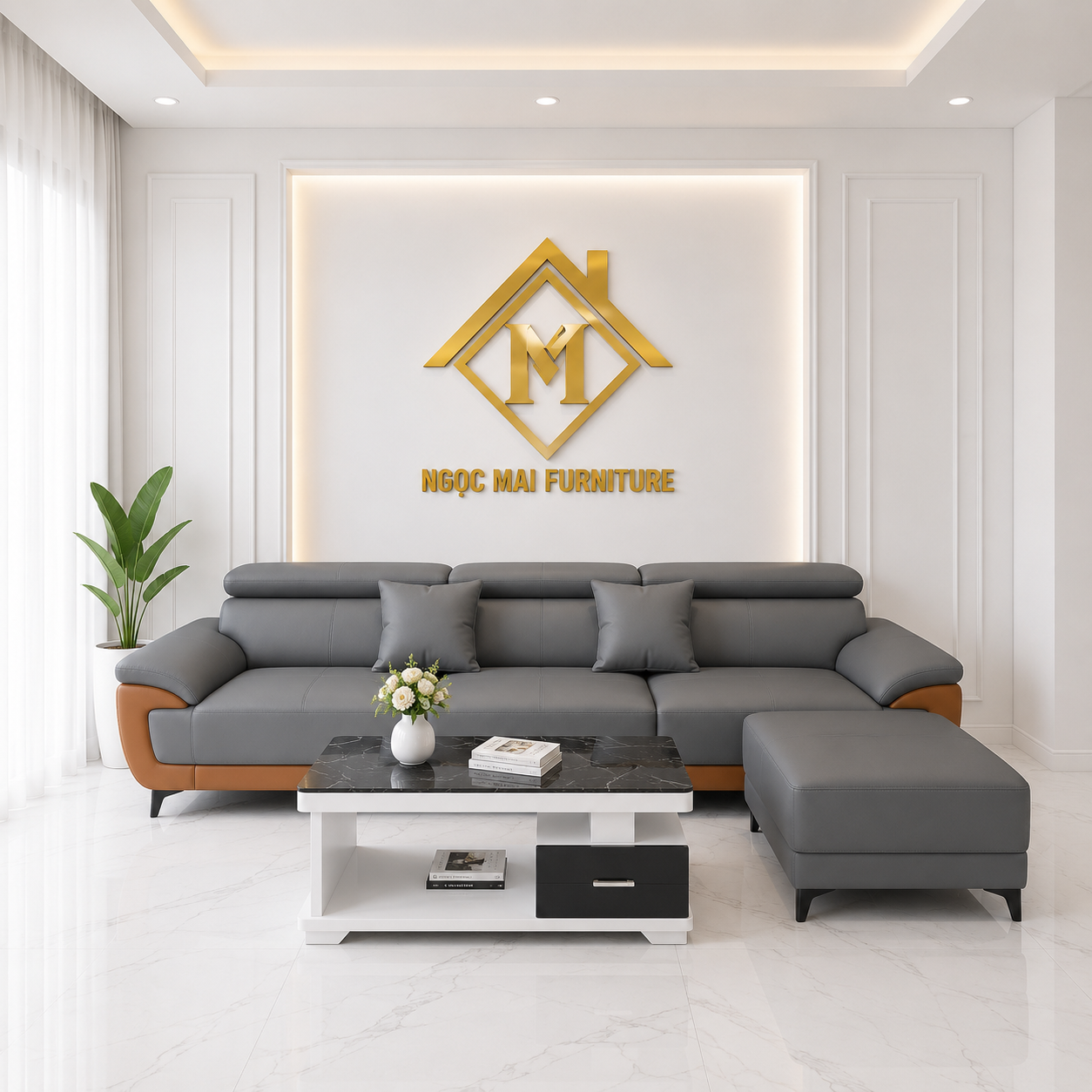 Bộ Sofa Da Pu Chân Cao 2M6 Kèm 1 Đôn lớn Và Bàn–Sofa Phòng Khách Hiện Đại-Mã MH355 - Ảnh 4