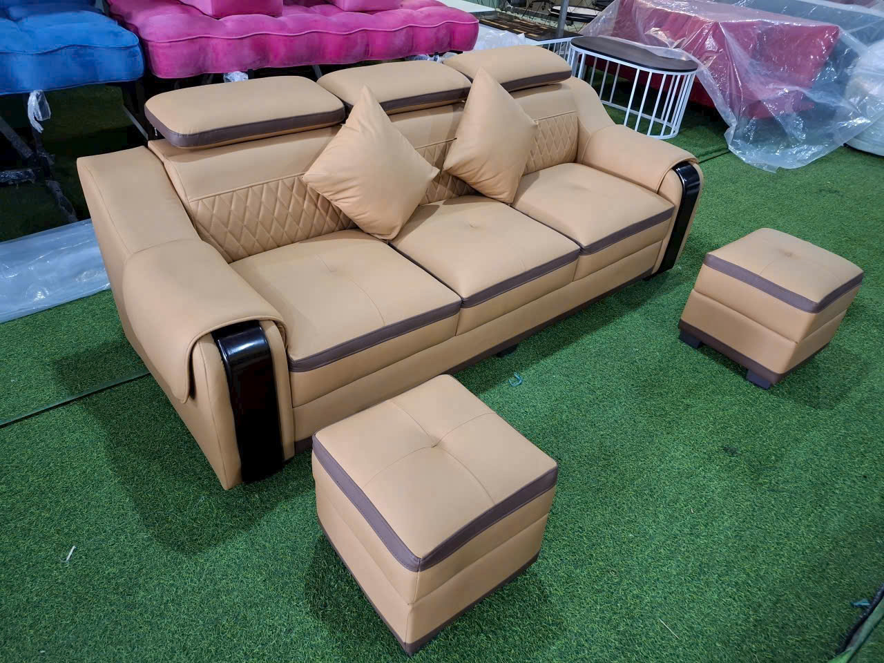 Sofa Da Cao Cấp 2m2 kèm 2 đôn tay phối gỗ sang trọng, tiện lợi (không bàn trà) –MH672 - Ảnh 5