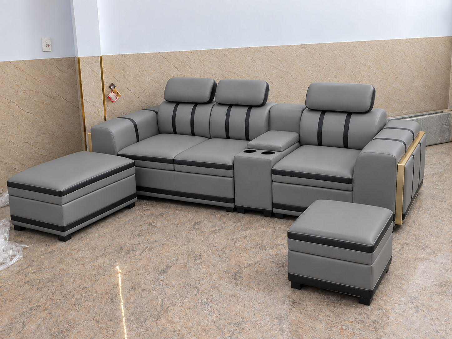 Sofa cao cấp 2m6 có học ly tiện lợi- thiết kế phần tay phối gỗ vàng kèm 2 đôn-mã MH682 - Ảnh 5